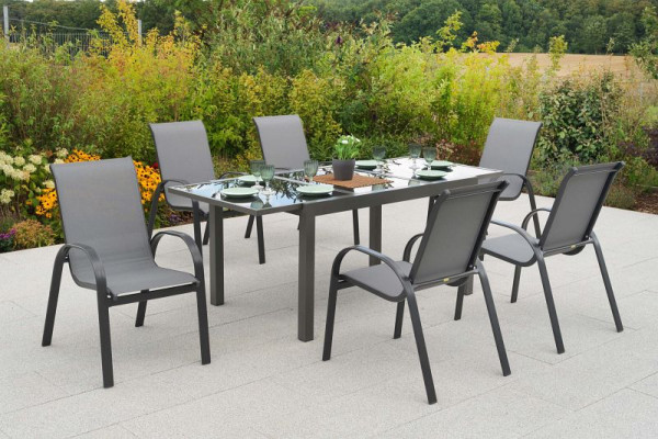 Merxx Amalfi Set 7-teilig, 6 Amalfi Stapelsessel, 1 Ausziehtisch 150 (210) x 90 cm, graue Glasplatte, Graphit/grau, 51104-309