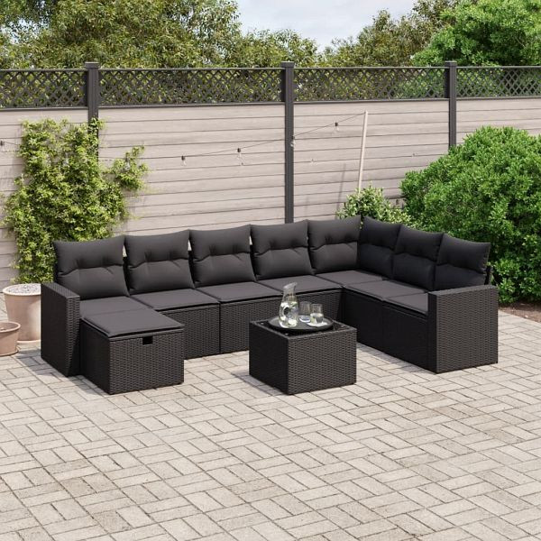 vidaXL 9-tlg. Garten-Sofagarnitur mit Kissen Schwarz Poly Rattan, 3263591