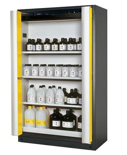 asecos Feuerbeständiger Gefahrstoffschrank Select W-123F, 3 Einlegeböden, Falttüren gelb, 233801