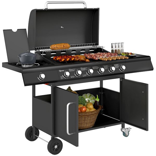 Outsunny Fahrbarer Gasgrill mit Stauraum, Seitentisch, Seitenbrenner, Warmhalterost, Thermometer, Edelstahl, Schwarz, 846-185V90BK