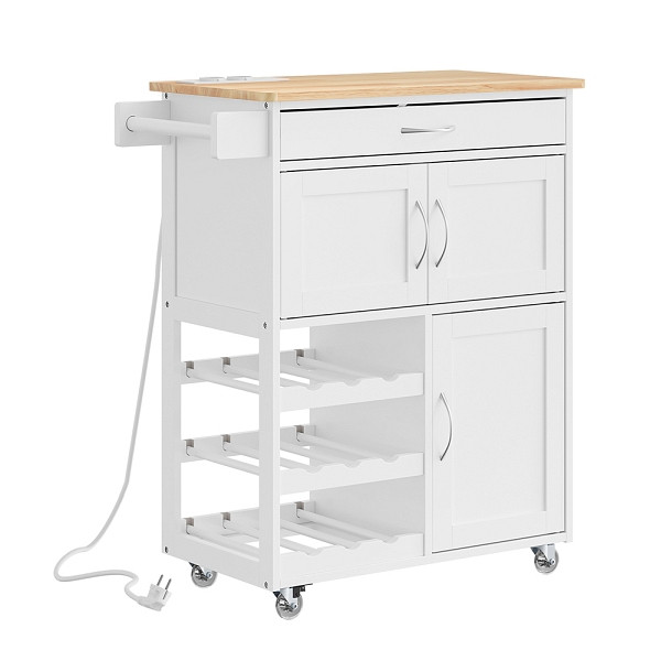 SoBuy Küchenwagen Weiß mit 1 Schublade, Servierwagen mit Rollen mit 3 offenen Weinregalen, auf Rädern aus MDF, 75×37×87 cm, Tragkraft 63 kg, FKW45-E-WN