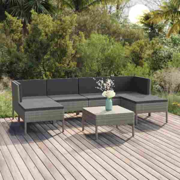 vidaXL 7-tlg. Garten-Lounge-Set mit Auflagen Poly Rattan Grau, 3094538