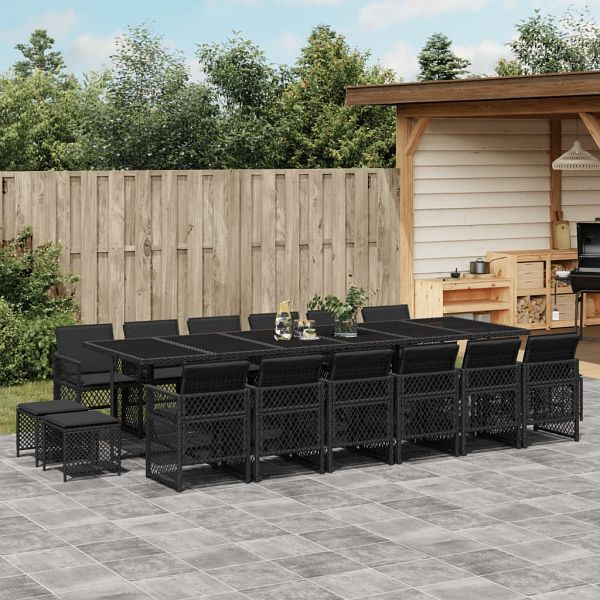 vidaXL 17-teilig Garten-Essgruppe mit Kissen Schwarz Poly Rattan, 3210823