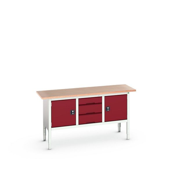 bott verso Kastenwerkbank (Multiplex-Platte) mit 3 Schubladen und 2 Türen, BxTxH: 1750 x 600 x 830 - 930 mm, Lichtgrau / Purpurrot, 16923022.24