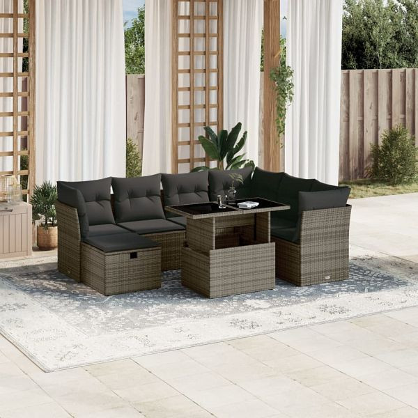 vidaXL 8-teilig Garten-Sofagarnitur mit Kissen Grau Poly Rattan, 3274680
