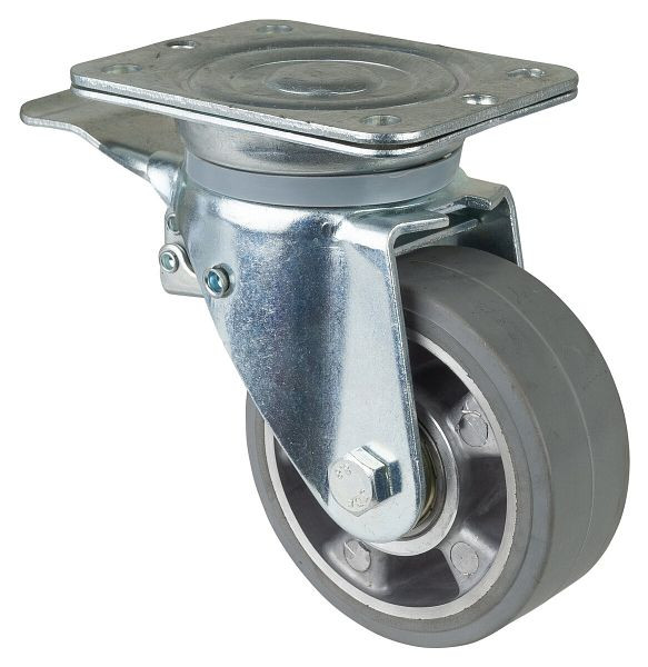 BS Rollen Schwerlastrolle mit Feststeller, Breite 50 mm, Ø125 mm, bis 220 kg, Elastik-Reifen grau, Radkörper Aluminium, Kugellager, N120.B83.125