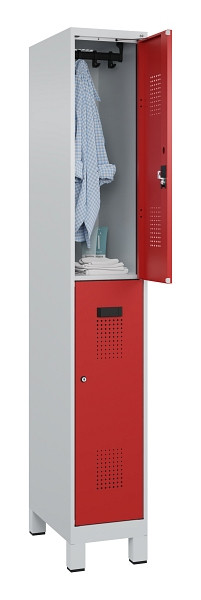 C+P Doppelstöckiger Spind Evolo PLUS, mit Füßen, 2 Fächer, 1950x300x500mm, 7035, Frontfarbe RAL 3000 feuerrot, Zylinderschloss, 049310-10 S10030