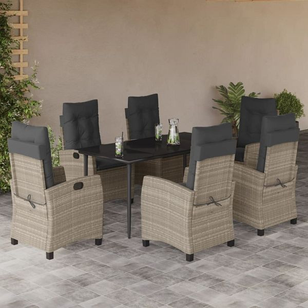 vidaXL 7-teilig Garten-Essgruppe mit Kissen Hellgrau Poly Rattan, 3212847