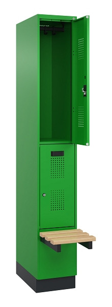 C+P Doppelstock-Spind Evolo PLUS, Bank, 2 Fächer, 1950x300x815mm, 6037/6037, Zylinderschloss, Sitzfläche Buche-Hartholz, mit Sockel, 049340-10 S10053