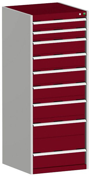 bott cubio Schubladenschrank bestückt mit 9 Schubladen BxTxH: 650 x 650 x 1600 mm, RAL 7035/3004, 40019154.24V