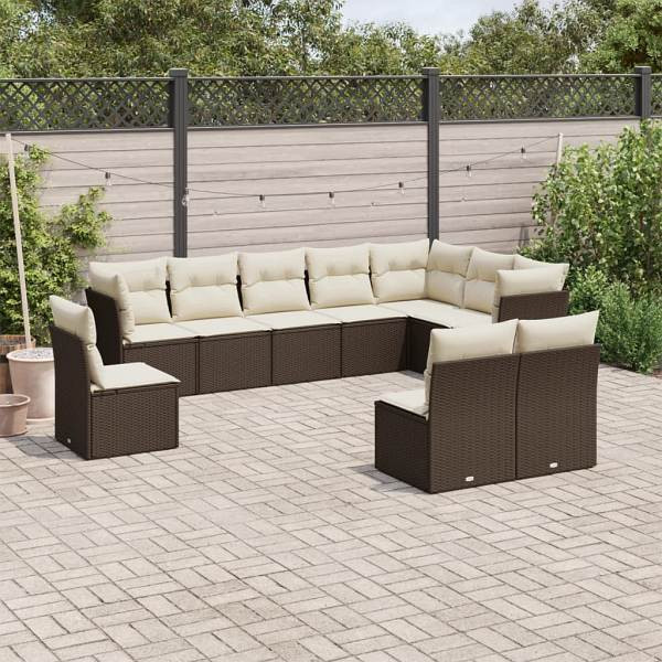 vidaXL 10-tlg. Garten-Sofagarnitur mit Kissen Braun Poly Rattan, UV-beständig, 3217803