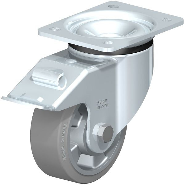 Blickle LK-ALEV 127K-FI-SG Stahlblech-Lenkrolle, schwere Ausführung, mit Anschraubplatte & Feststeller, Elastik-Vollgummi, Grau, 593442