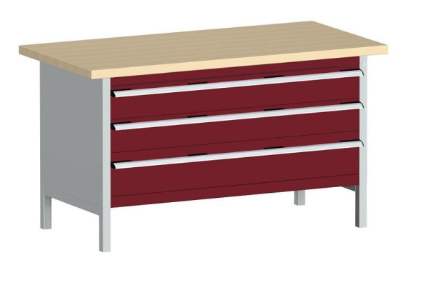 bott cubio Kastenwerkbank mit 3 Schubladen Multiplex-Arbeitsplatte BxTxH: 1500 x 750 x 840 mm, RAL 7035/3004, 41002169.24V