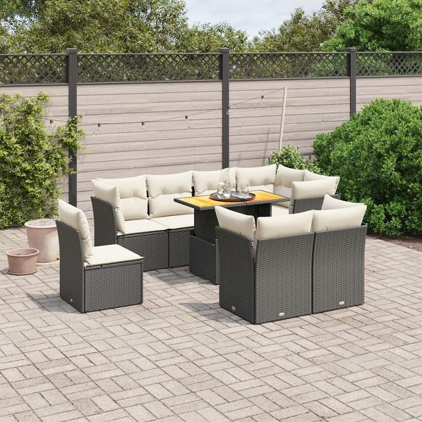 vidaXL 9-teilig Garten-Sofagarnitur mit Kissen Schwarz Poly Rattan, 3270930