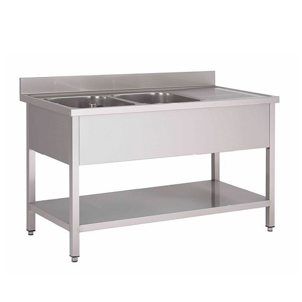 Gastro-Inox Spültisch mit links 2 Becken und Grundboden, 1400(L)x600(T)x880(H)mm, 305.422