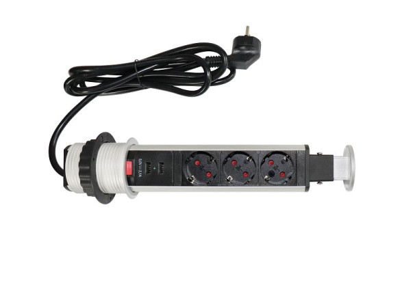 EVOline Steckdosentower Aluminium versenkbar, 3 VDE Steckdosen 45°, 2 USB-Charger, Typ A, VELDO600