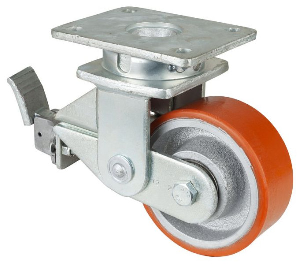 BS Rollen Gefederte Schwerlastrolle mit Feststeller, Breite 50 mm, Ø125 mm, bis 550 kg, Guss-Polyurethan 95 Shore A, Körper Guss, Kugellager, T120.C10.125