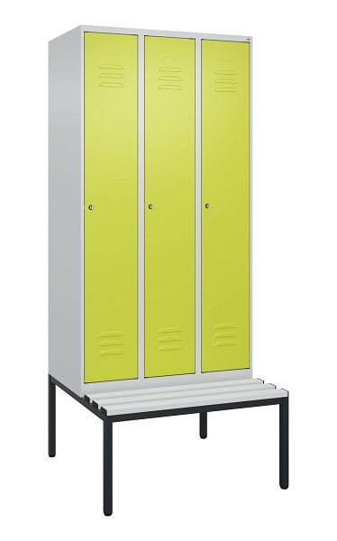 C+P Umkleidespind Classic PLUS, mit untergebauter Sitzbank, 3 Abteile, 2120x900x815mm, 7035/0024, Zylinderschlösser, 0800507-30 S10024