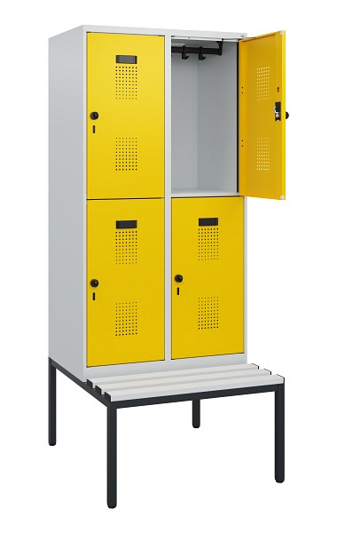 C+P Doppelstöckiger Spind Evolo PLUS, Bank, 4 Fächer, 1950x800x815mm, 7035/1023, Drehriegel, Sitzfläche Kunststoff, Sitzbank, 0493505-22 S10084
