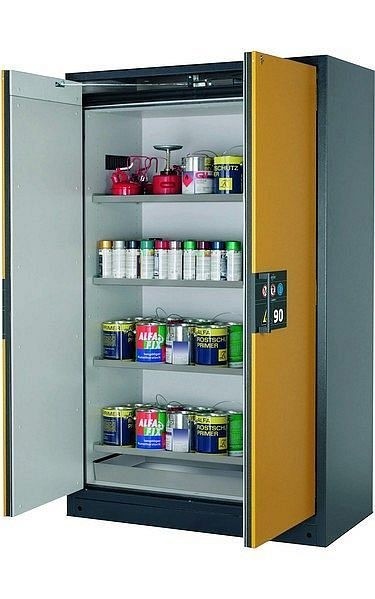 asecos Sicherheitsschrank Q-PEGASUS-90, Q90.195.120.WDAC in sicherheitsgelb RAL 1004 mit 4x Fachboden (Edelstahl), 30002-040-30011