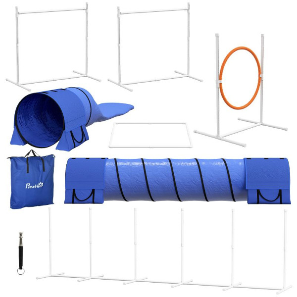PawHut Hunde-Agiliy-Set Hundeparcours, 1 Reifen, 2 Tunnel 2 Hürden, 321 cm x 63c m x 93 cm, Blau + Rot+ Weiß, D07-044V00BU