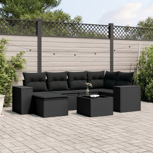 vidaXL 7-teilig Garten-Sofagarnitur mit Kissen Schwarz Poly Rattan, 3255202