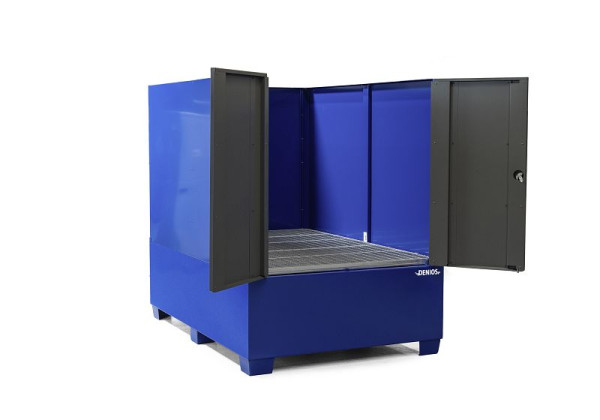 DENIOS Auffangwanne aus Stahl für 1 IBC à 1000 Liter, 1400 Liter, mit Abfüllbereich, Schutzwänden und -tür, 328462