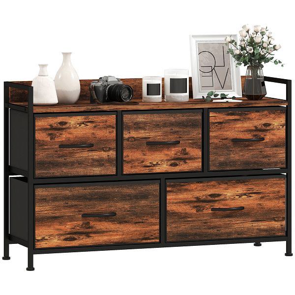 HOMCOM Kommode mit faltbaren Stoffschubladen, Melaminholz, Stahlrahmen, Braun, 831-755V00RB