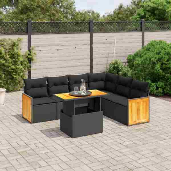 vidaXL 7-tlg. Garten-Sofagarnitur mit Kissen Schwarz Poly Rattan, UV-beständig, 3273974