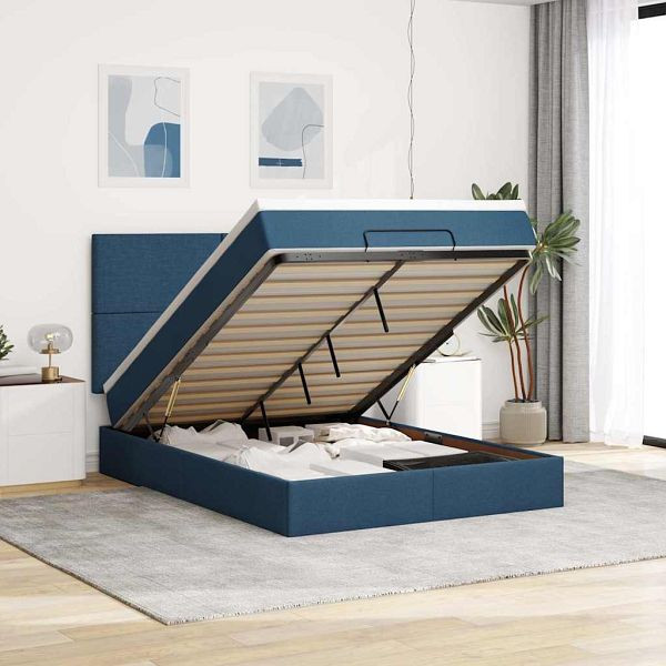 vidaXL Ottoman-Bett mit Matratze & LEDs Blau 140x200 cm Stoff, 3313933