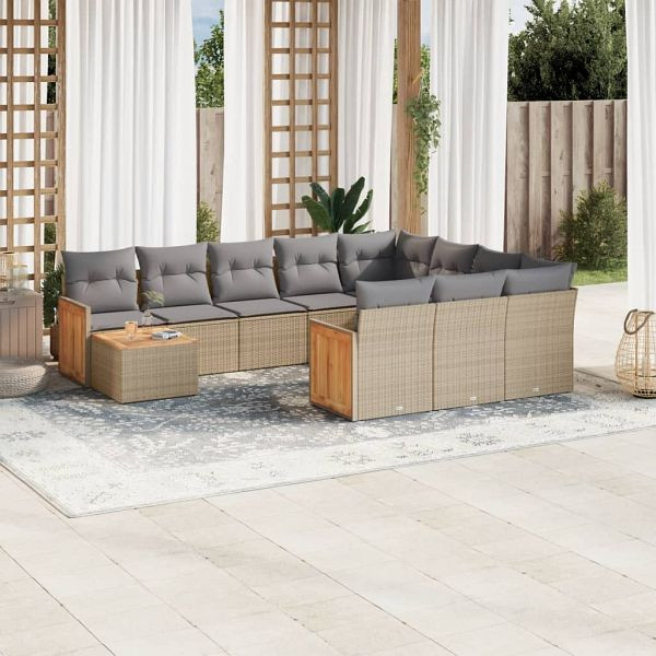 vidaXL 11-teilig Garten-Sofagarnitur mit Kissen Beige Poly Rattan, 3260449