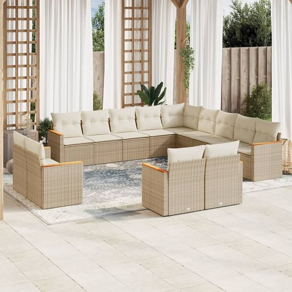 vidaXL 13-teilig Garten-Sofagarnitur mit Kissen Beige Poly Rattan, 3258929