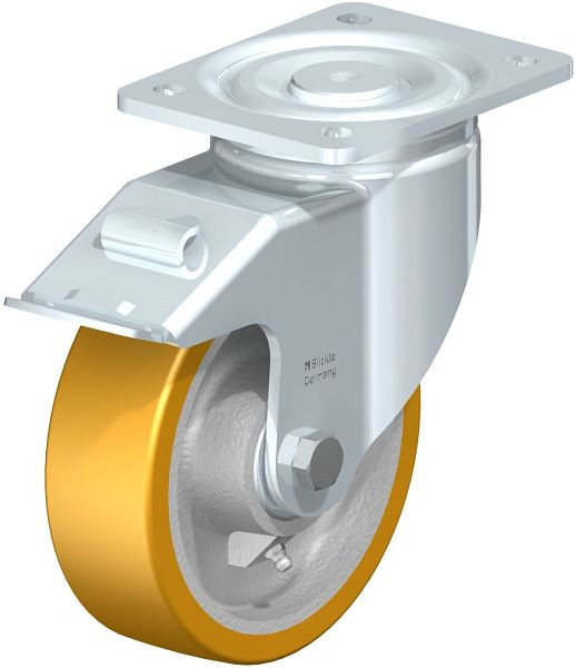 Blickle LH-GTH 160K-FI Stahlblech-Lenkrolle, Schwerlast-Ausführung, mit Anschraubplatte & Feststeller, Blickle Extrathane®, Hellbraun, 481333