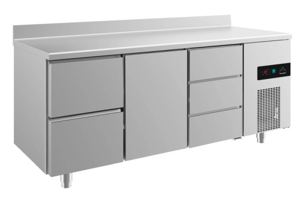 A&S Polarny Kühltisch -2 bis +8°C mit Tür, zwei Schubladen links und drei Schubladen mittig-rechts, 1865 x 700 x 850 mm, mit Aufkantung, KT3ZTDA