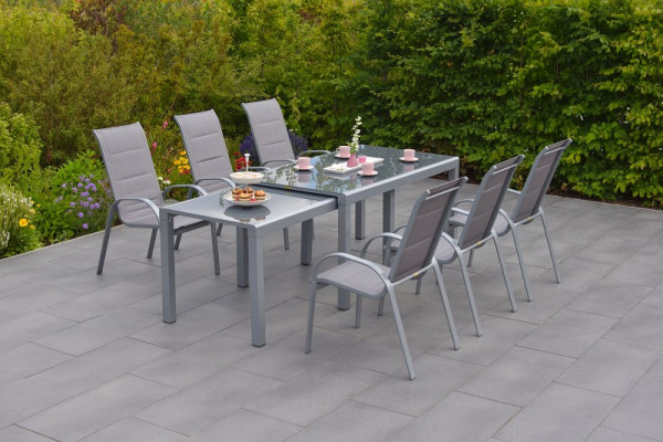 Merxx Amalfi di Lusso Set 7-teilig, 6 Amalfi di Lusso Stapelsessel, 1 Flex Ausziehtisch160 (320) x 78 (75) cm, Silber/diamantbraun, 50703-330