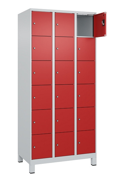 C+P Schließfachschrank Evolo PLUS, mit Füßen, 18 Fächer, 1950x900x500mm, 7035/3, Frontfarbe RAL 3000 feuerrot, 049010-306 S10003
