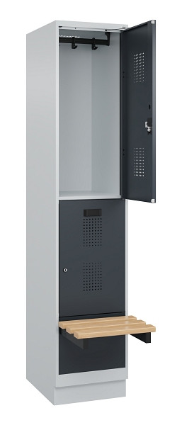 C+P Doppelstock-Spind Evolo PLUS, Bank, 2 Fächer, 1950x400x815mm, 7035/7016, Zylinderschloss, Sitzfläche Buche-Hartholz, mit Sockel, 049340-12 S10039