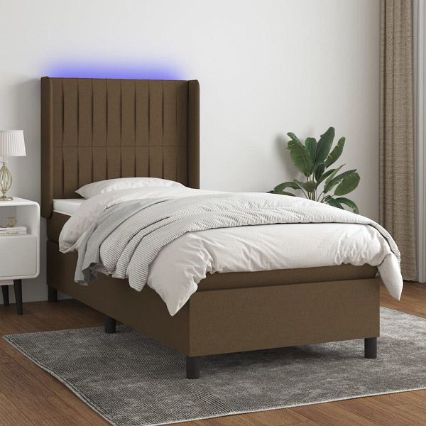vidaXL Boxspringbett mit Matratze & LED Dunkelbraun 90x190 cm Stoff, 3138440