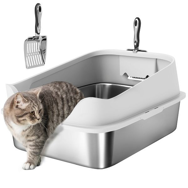 PawHut Katzentoilette Edelstahl Offene Katzenklo mit Schaufel hohem Rand für große Katzen bis 7 kg, D31-134V01GY