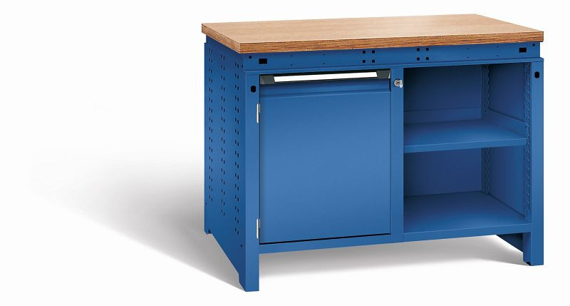 Otto Kind Werkbank Serie function Typ 210, Multiplexplatte 40 mm, bündig, 2x Unterbau, komplett RAL 5010, 072340113