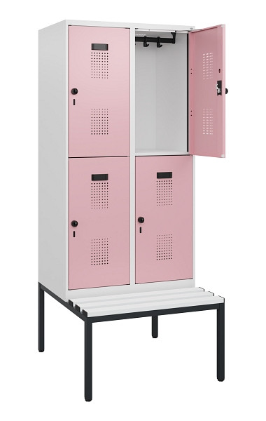 C+P Doppelstöckiger Spind Evolo PLUS, Bank, 4 Fächer, 1950x800x815mm, 9016/3015, Drehriegel, Sitzfläche Kunststoff, Sitzbank, 0493505-22 S10116