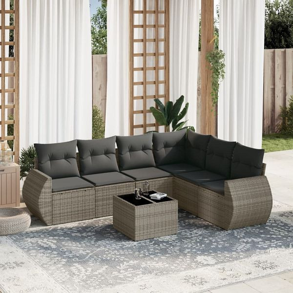 vidaXL 7-teilig Garten-Sofagarnitur mit Kissen Grau Poly Rattan, 3221419