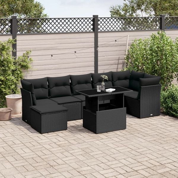 vidaXL 8-tlg. Garten-Sofagarnitur mit Kissen Schwarz Poly Rattan, 3266745