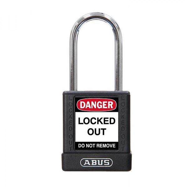 Abus Safety Schloss, 40 mm, Aluminiumkörper kunststoffummantelt, ohne Bügelüberzug, mit Warnaufklebern 74BS/40 schwarz, VE: 6, 77575 8