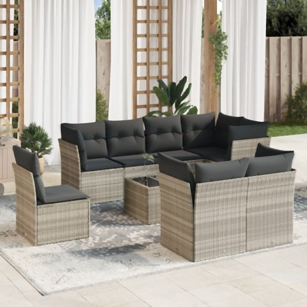 vidaXL 9-tlg. Garten-Sofagarnitur mit Kissen Hellgrau Poly Rattan, 3217942
