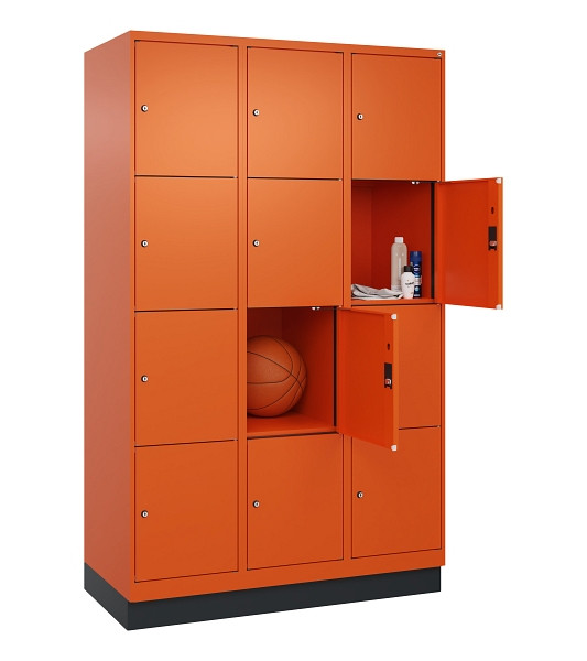 C+P Schließfachschrank Evolo PLUS, mit Sockel, 12 Fächer, 1950x1200x500mm, 2004/2004 Reinorange, Abteile 3, Abteilbreite 400 mm, 049020-324 S10023