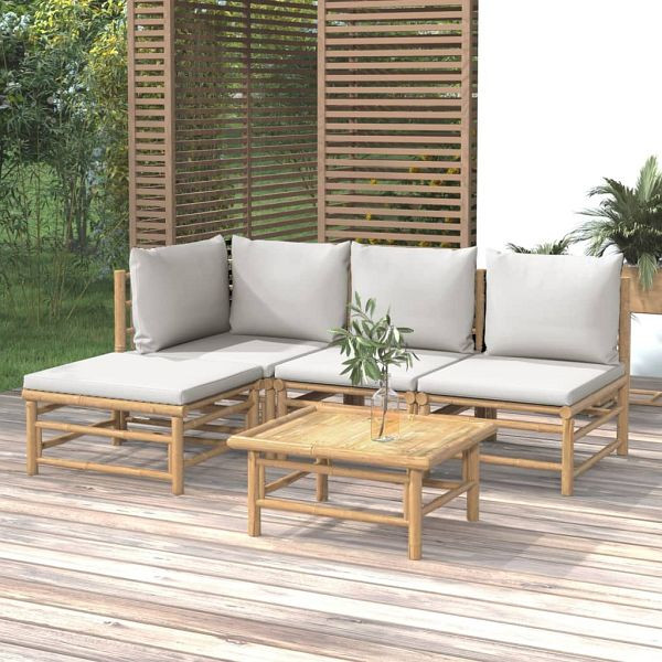 vidaXL 5-tlg. Garten-Lounge-Set mit Hellgrauen Kissen Bambus, 3155081