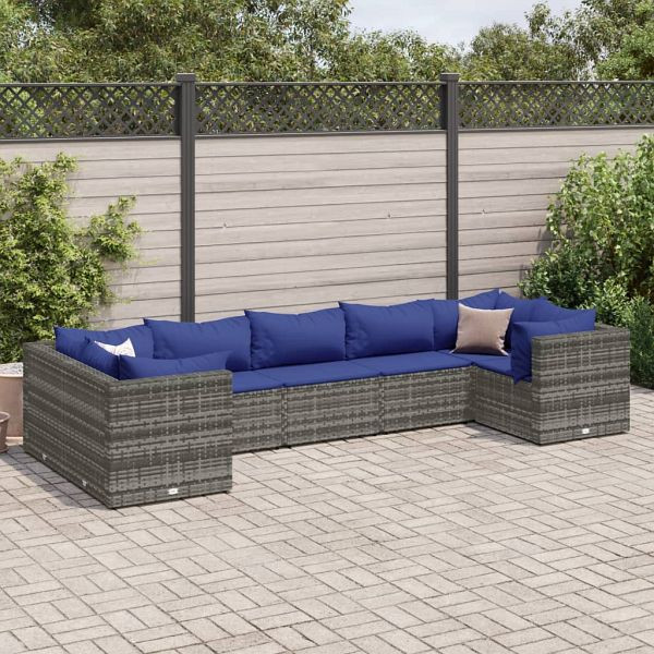 vidaXL 7-teilig Garten-Lounge-Set mit Kissen Grau Poly Rattan, 3308263