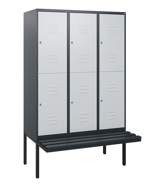 C+P Doppelstöckiger Spind Classic PLUS, 3 Abteile, 1950x1200x815mm, 7016/7035, Zylinderschlösser, schwebende Sitzfläche, 0803405-32 S10088
