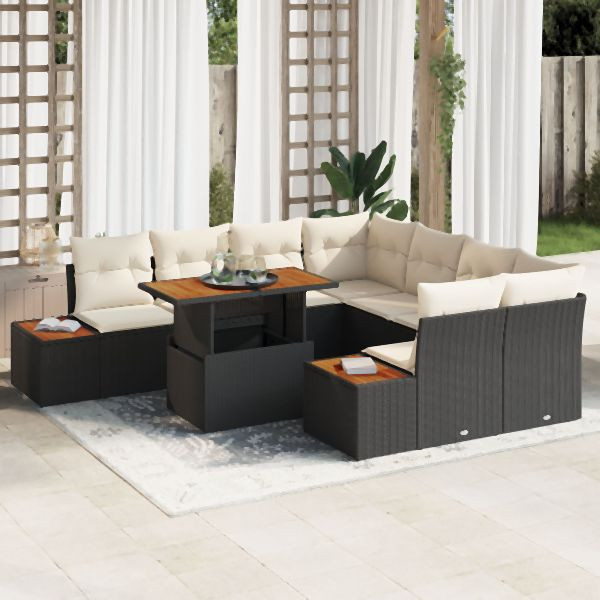 vidaXL 9-teilige Garten Essgruppe mit Kissen Schwarz Poly Rattan Akazie, 3350054